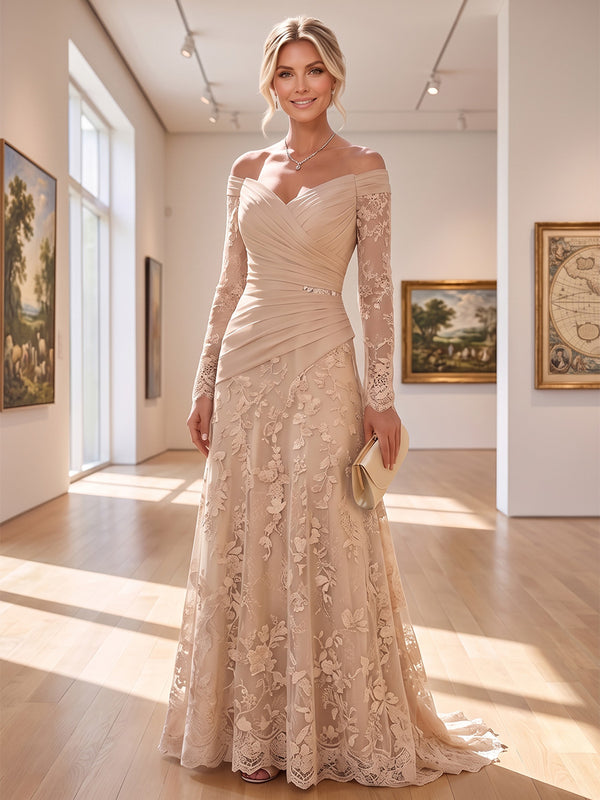 A-Line/Princess Off Shoulder Lace Appliques Maxi Mother of the Bride & Groom Dresses with Ruched Waist & Sweep Train
