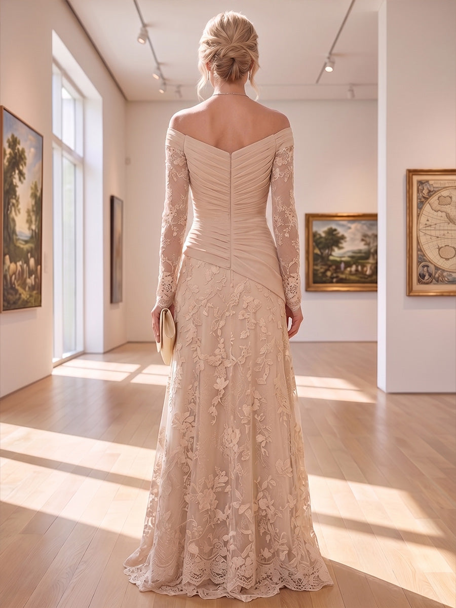 A-Line/Princess Off Shoulder Lace Appliques Maxi Mother of the Bride & Groom Dresses with Ruched Waist & Sweep Train