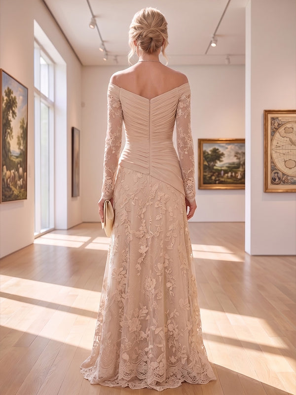 A-Line/Princess Off Shoulder Lace Appliques Maxi Mother of the Bride & Groom Dresses with Ruched Waist & Sweep Train