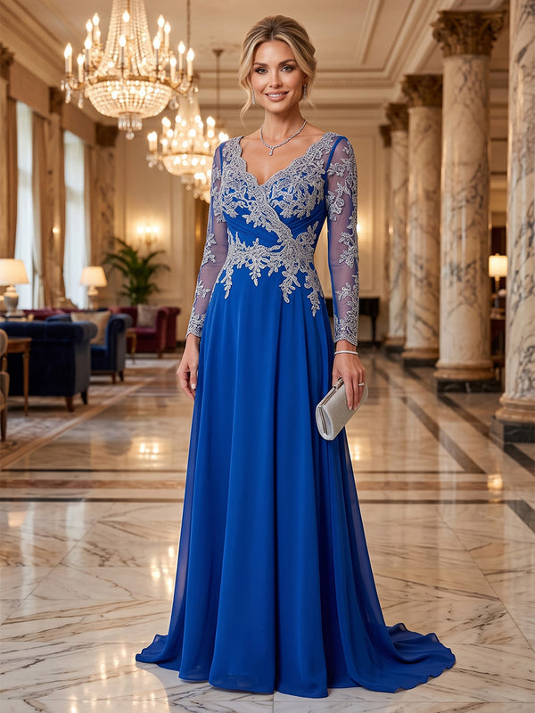 A-Line/Princess V-Neck Lace Appliques Maxi Mother of the Bride & Groom Dresses with Sweep Train & Pleats