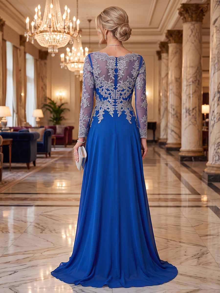 A-Line/Princess V-Neck Lace Appliques Maxi Mother of the Bride & Groom Dresses with Sweep Train & Pleats