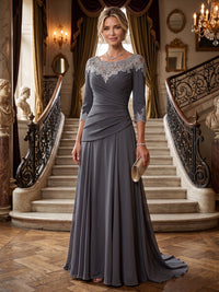A-Line/Princess Scoop Neck Chiffon Floor-Length Mother of the Bride & Groom Dresses with Lace Appliques & Pleats
