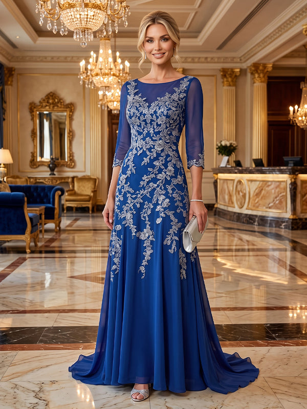 A-Line/Princess Scoop Neck Lace Appliques Maxi Mother of the Bride & Groom Dresses with Sweep Train & Pleats