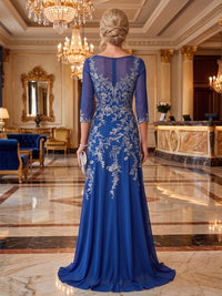 A-Line/Princess Scoop Neck Lace Appliques Maxi Mother of the Bride & Groom Dresses with Sweep Train & Pleats