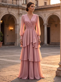 A-Line/Princess V-Neck Glitter Floor-Length Mother of the Bride & Groom Dresses with Tiered Layers