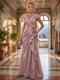 A-Line/Princess V-Neck Glitter Floor-Length Mother of the Bride & Groom Dresses with Ruffles & Ruched Waist