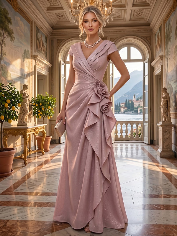 A-Line/Princess V-Neck Glitter Floor-Length Mother of the Bride & Groom Dresses with Ruffles & Ruched Waist