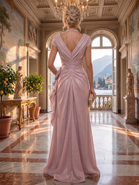 A-Line/Princess V-Neck Glitter Floor-Length Mother of the Bride & Groom Dresses with Ruffles & Ruched Waist