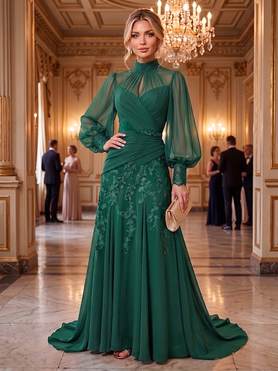 A-Line/Princess High Neck Chiffon Maxi Mother of the Bride & Groom Dresses with Lace Appliques & Pleats