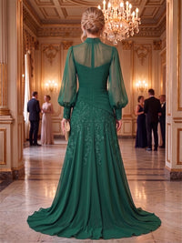 A-Line/Princess High Neck Chiffon Maxi Mother of the Bride & Groom Dresses with Lace Appliques & Pleats