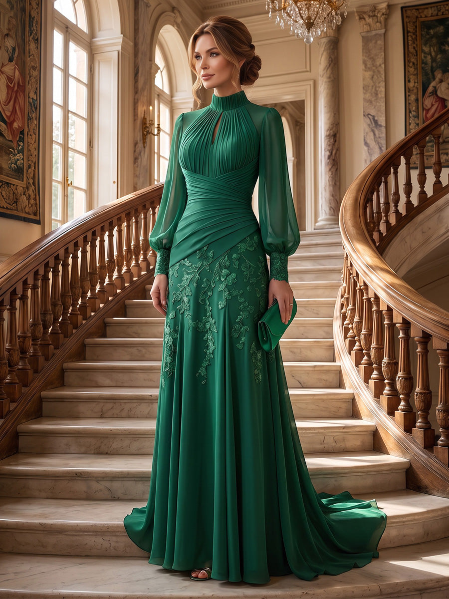 A-Line/Princess High Neck Chiffon Maxi Mother of the Bride & Groom Dresses with Lace Appliques & Pleats