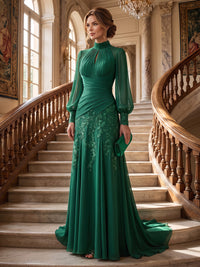 A-Line/Princess High Neck Chiffon Maxi Mother of the Bride & Groom Dresses with Lace Appliques & Pleats
