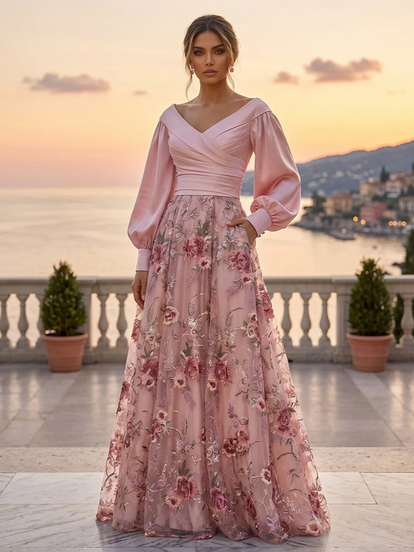 A-Line/Princess V-Neck Floral Embroidery Floor-Length Mother of the Bride & Groom Dresses with Ruched Satin Bodice