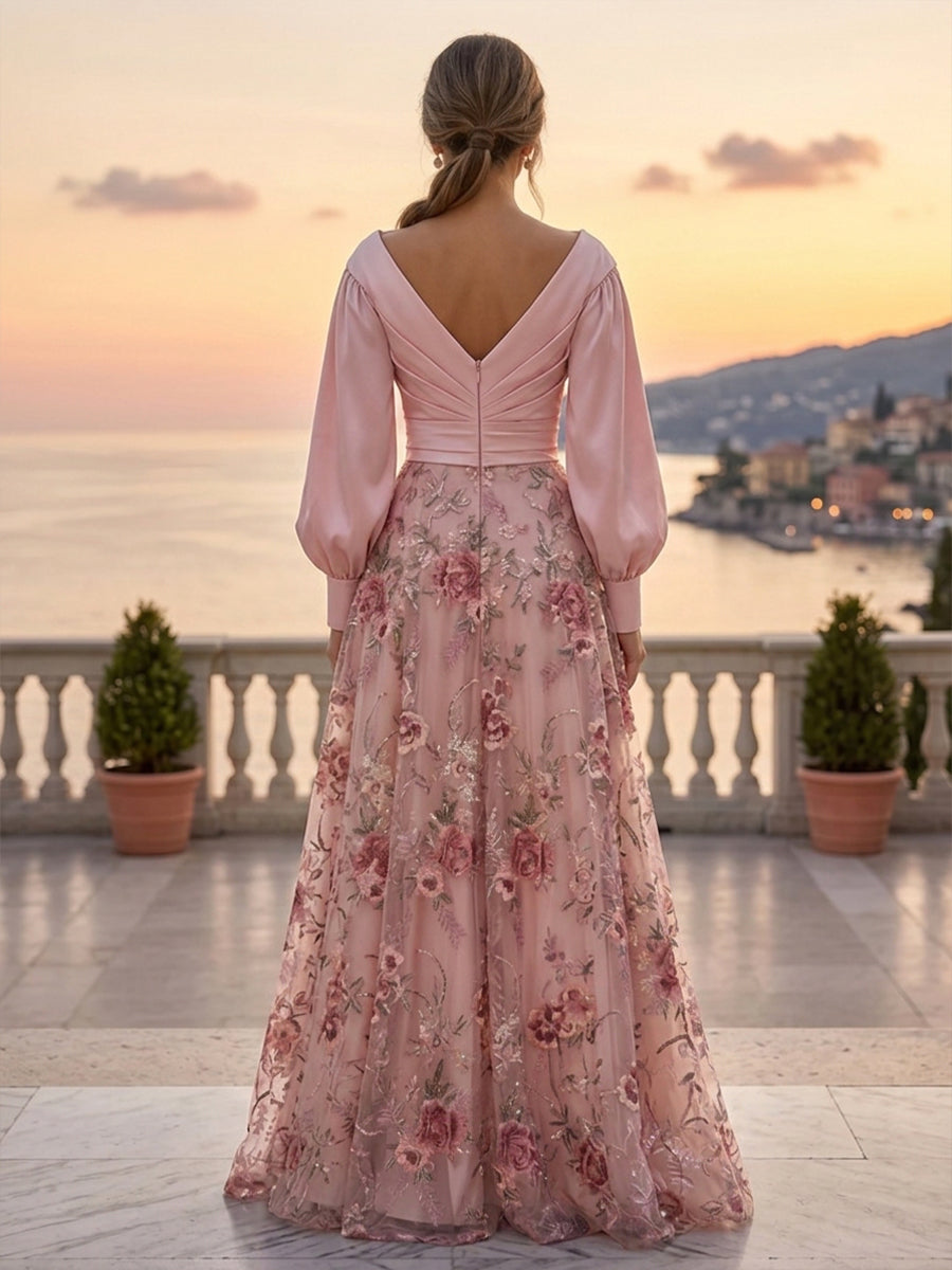 A-Line/Princess V-Neck Floral Embroidery Floor-Length Mother of the Bride & Groom Dresses with Ruched Satin Bodice