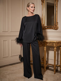Pantsuit Scoop Neck Satin Maxi Mother of the Bride Pantsuits with Fluffy Feather Trim Cuffs