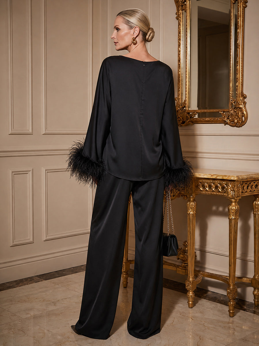 Pantsuit Scoop Neck Satin Maxi Mother of the Bride Pantsuits with Fluffy Feather Trim Cuffs