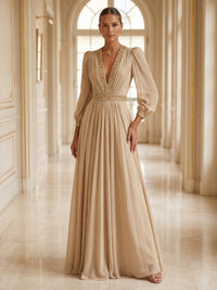 A-Line/Princess V-Neck Chiffon Maxi Mother of the Bride & Groom Dresses with Rhinestones & Pleats