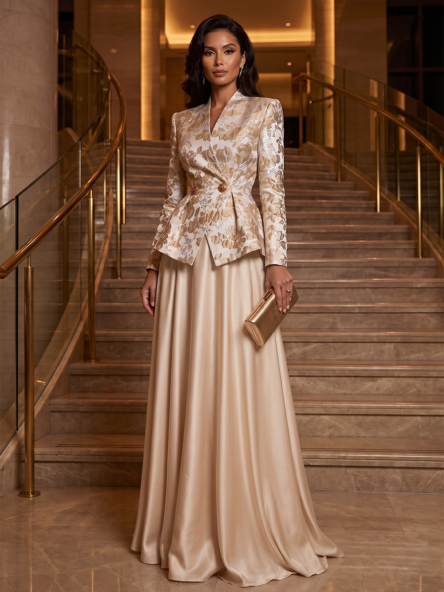 A-Line/Princess V-Neck Satin Floor-Length Mother of the Bride & Groom Dresses with?Jacquard Bolero?Jacket & Pleats