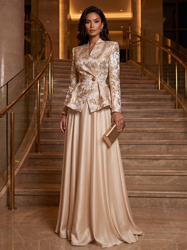 A-Line/Princess V-Neck Satin Floor-Length Mother of the Bride & Groom Dresses with?Jacquard Bolero?Jacket & Pleats