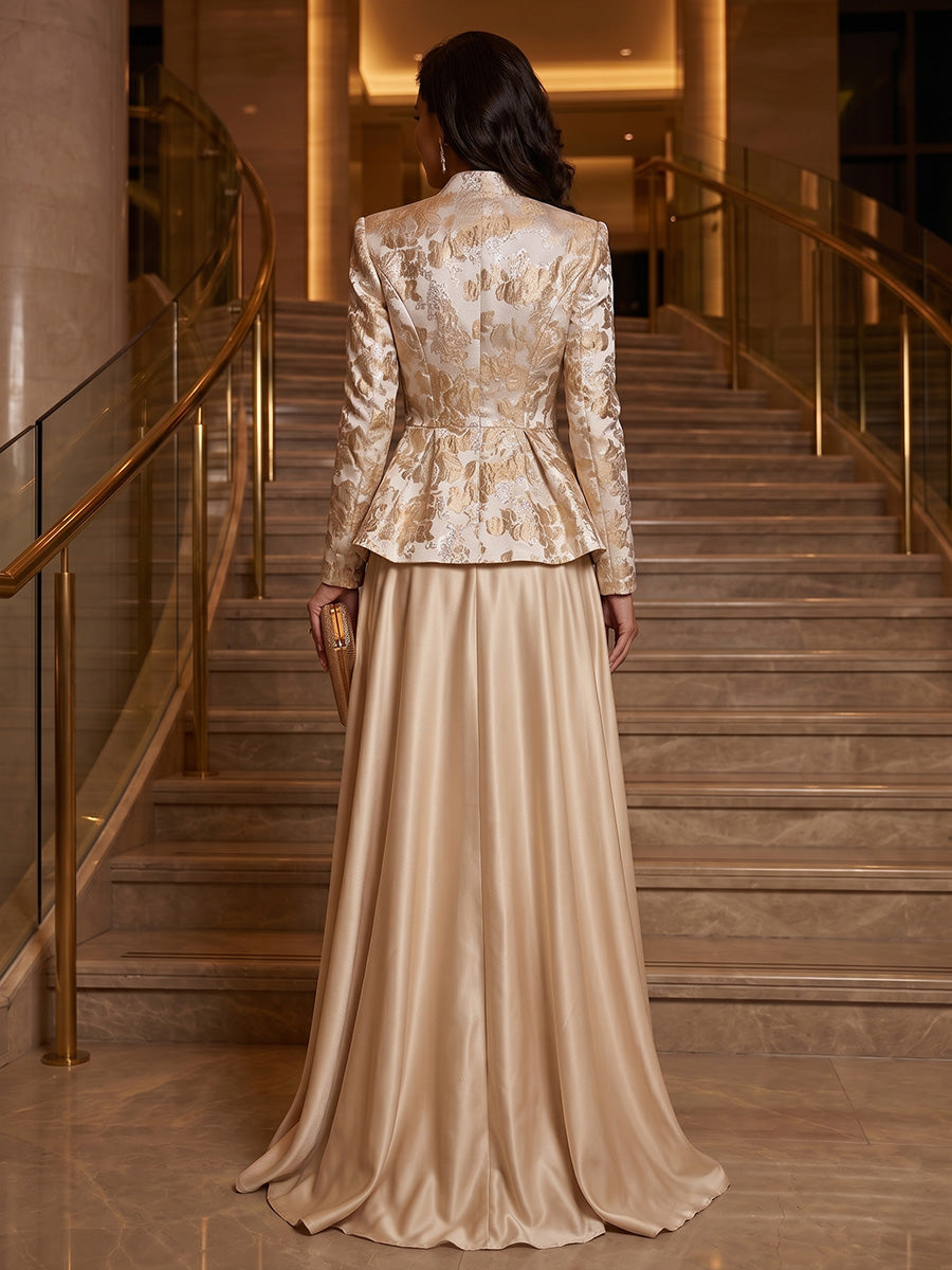 A-Line/Princess V-Neck Satin Floor-Length Mother of the Bride & Groom Dresses with?Jacquard Bolero?Jacket & Pleats