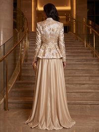 A-Line/Princess V-Neck Satin Floor-Length Mother of the Bride & Groom Dresses with?Jacquard Bolero?Jacket & Pleats