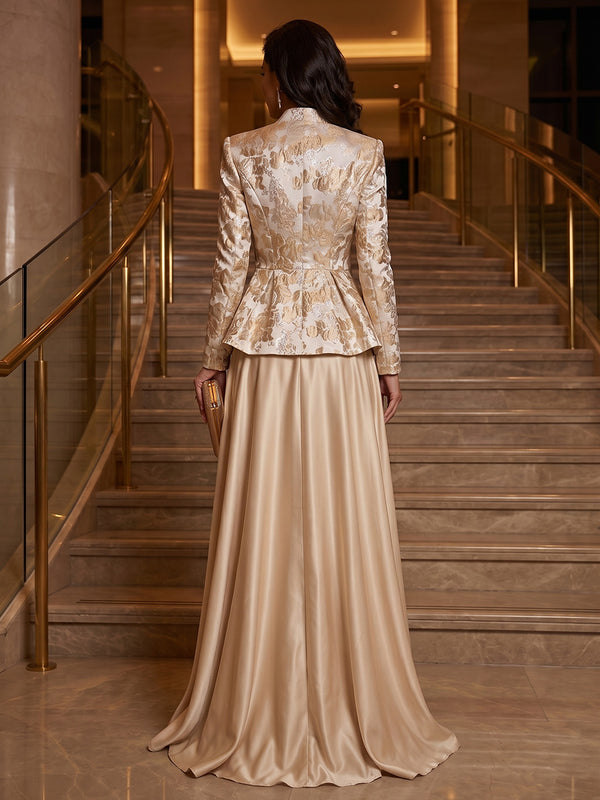 A-Line/Princess V-Neck Satin Floor-Length Mother of the Bride & Groom Dresses with?Jacquard Bolero?Jacket & Pleats