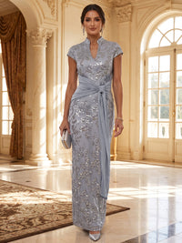 Sheath/Column V-Neck Sequin Maxi Mother of the Bride & Groom Dresses with Ruched Waist & Side Sash