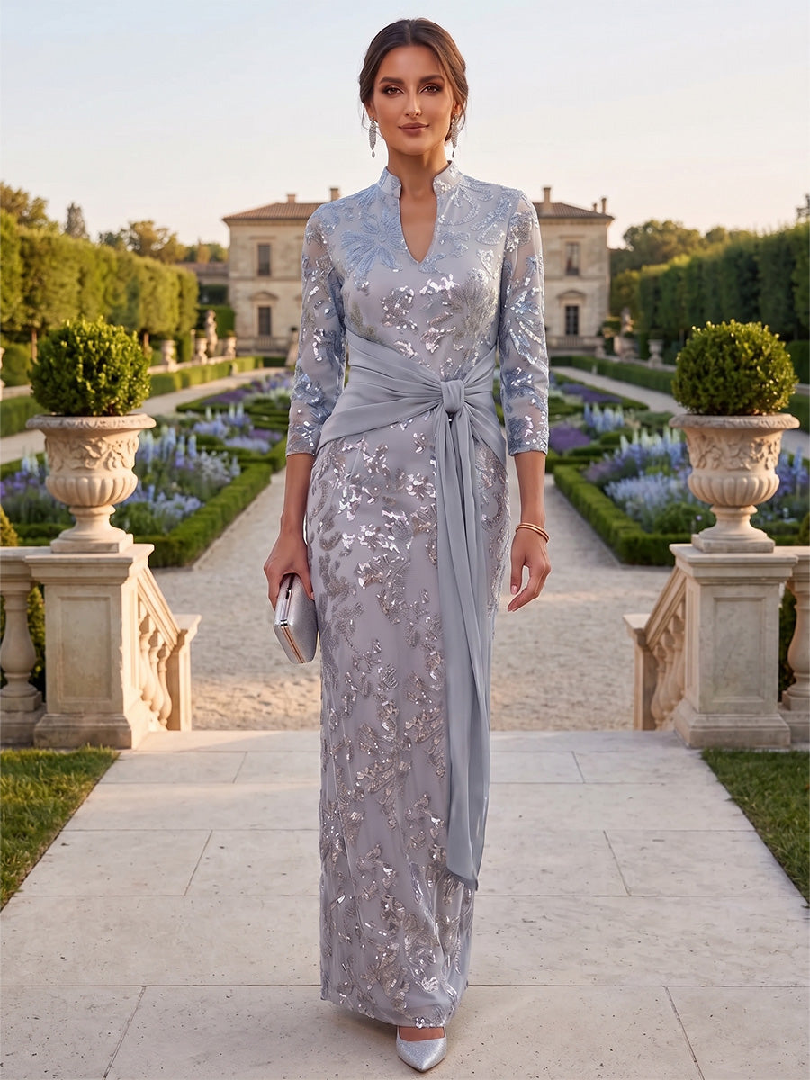 Sheath/Column V-Neck Sequin Maxi Mother of the Bride & Groom Dresses with Ruched Waist & Side Sash