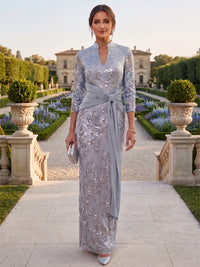 Sheath/Column V-Neck Sequin Maxi Mother of the Bride & Groom Dresses with Ruched Waist & Side Sash