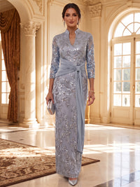 Sheath/Column V-Neck Sequin Maxi Mother of the Bride & Groom Dresses with Ruched Waist & Side Sash