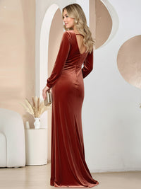 A-Line/Princess V-Neck Long Sleeve Floor-Length Formal Dresses with Velvet
