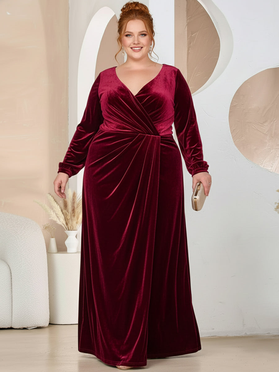 A-Line/Princess V-Neck Long Sleeve Floor-Length Formal Dresses with Velvet
