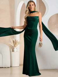 Mermaid Cowl Neck Ruched Floor-Length Formal Dresses with Scarf