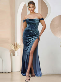 Sheath/Column Cowl Neck Cold Shoulder Floor-Length Formal Dresses with Ruched Waist
