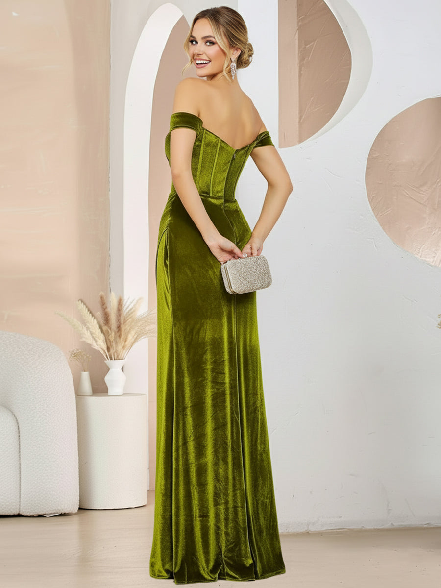 Sheath/Column Cowl Neck Cold Shoulder Floor-Length Formal Dresses with Ruched Waist