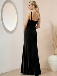 Sheath/Column V Neck Ruched Floor-Length Formal Dresses with Slit