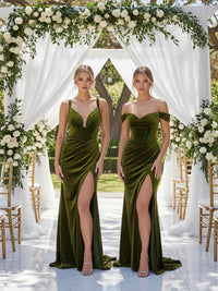 Sheath/Column V Neck Ruched Floor-Length Formal Dresses with Slit