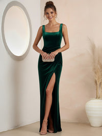 Sheath/Column Square Neck Pleated Floor-Length Formal Dresses with Slit