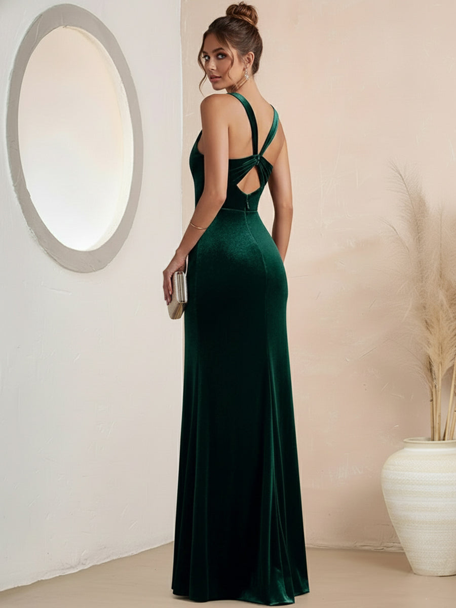 Sheath/Column Square Neck Pleated Floor-Length Formal Dresses with Slit