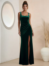 Sheath/Column Square Neck Pleated Floor-Length Formal Dresses with Slit