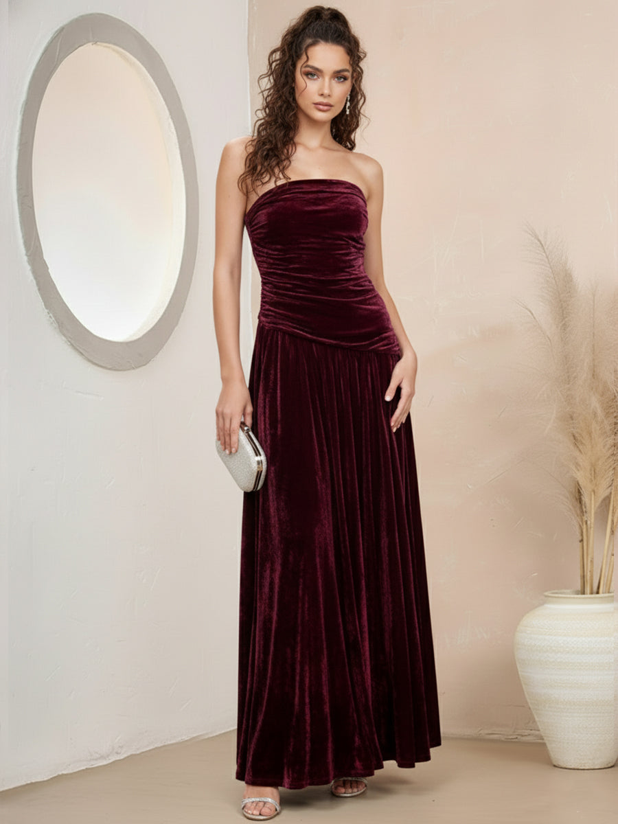 A-Line/Princess Strapless Pleated Velvet Floor-Length Formal Dresses