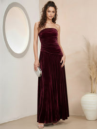 A-Line/Princess Strapless Pleated Velvet Floor-Length Formal Dresses