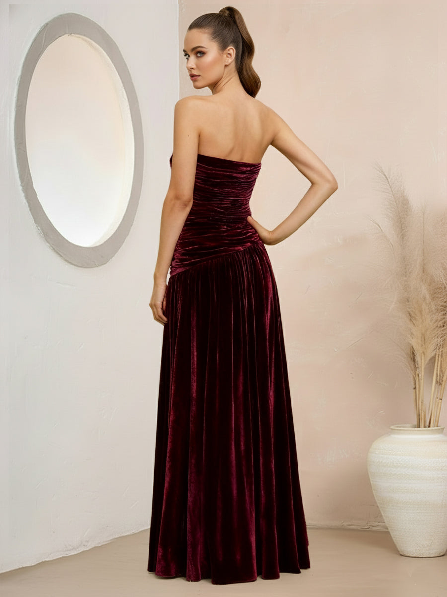 A-Line/Princess Strapless Pleated Velvet Floor-Length Formal Dresses
