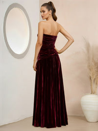 A-Line/Princess Strapless Pleated Velvet Floor-Length Formal Dresses