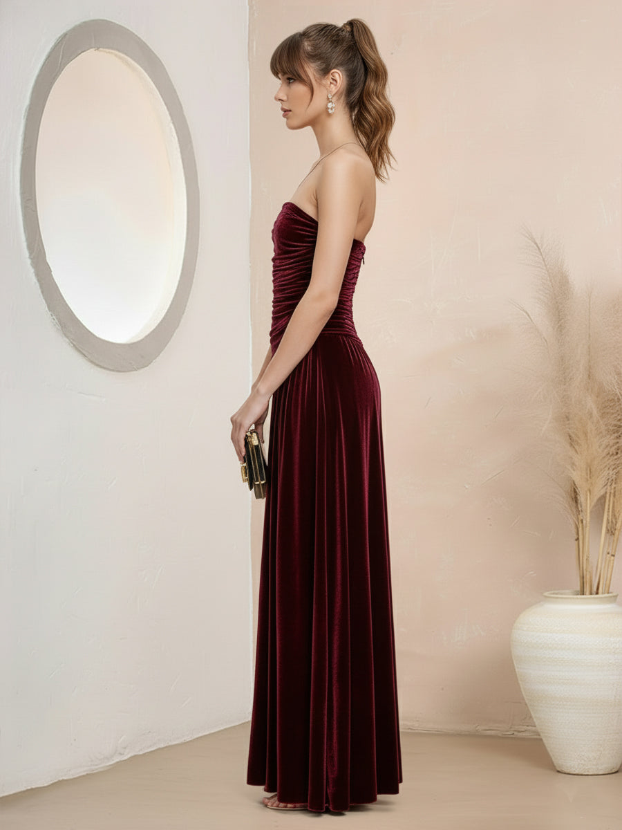 A-Line/Princess Strapless Pleated Velvet Floor-Length Formal Dresses