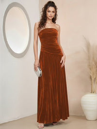 A-Line/Princess Strapless Pleated Velvet Floor-Length Formal Dresses