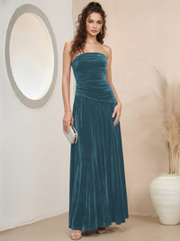 A-Line/Princess Strapless Pleated Velvet Floor-Length Formal Dresses