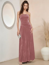 A-Line/Princess Strapless Pleated Velvet Floor-Length Formal Dresses