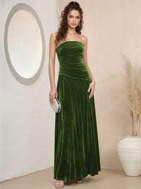 A-Line/Princess Strapless Pleated Velvet Floor-Length Formal Dresses