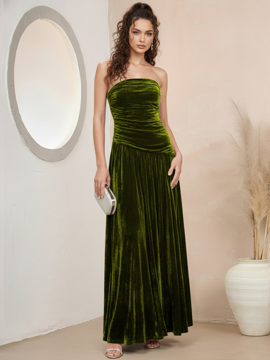 A-Line/Princess Strapless Pleated Velvet Floor-Length Formal Dresses